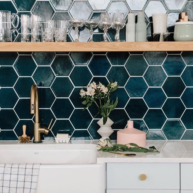 Navy Blue Hexagon Kitchen Backsplash - Contemporary - San ...