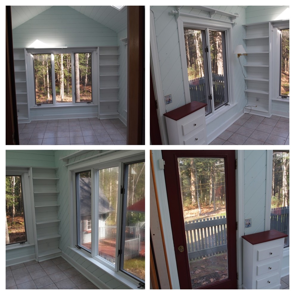 Small transitional u-shaped light wood floor kitchen photo with a farmhouse sink, beaded inset cabinets, white cabinets, soapstone countertops, white backsplash, white appliances and no island