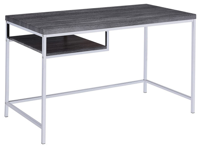 Contemporary Desk, Chrome Metal Frame With Weathered Grey Top and Open Shelf