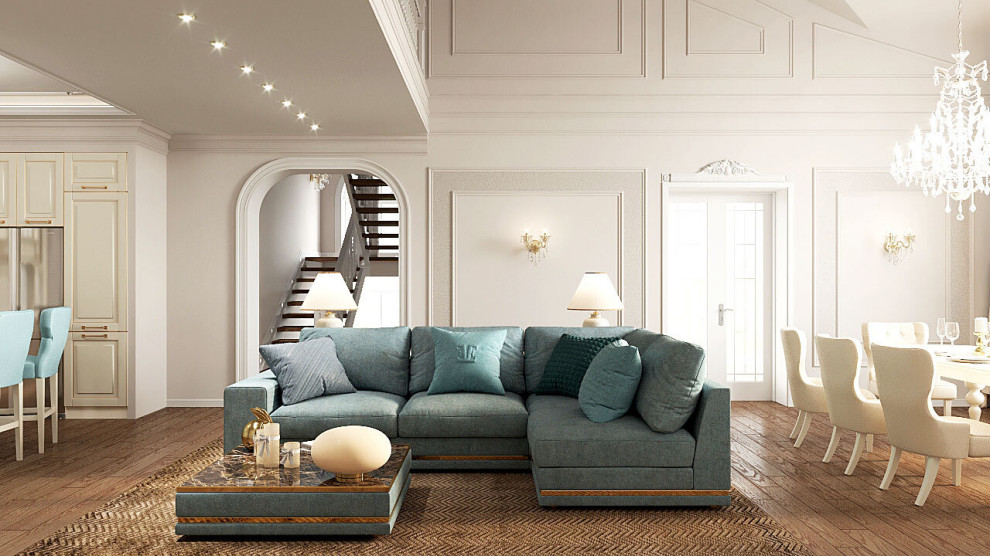 Immagine di un grande soggiorno tradizionale stile loft con pareti beige e pavimento in legno massello medio