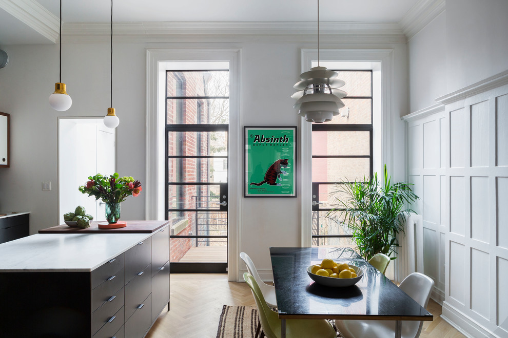 Inspiration for a mid-sized contemporary l-shaped light wood floor and beige floor eat-in kitchen remodel in New York with open cabinets, white cabinets, white backsplash, ceramic backsplash, stainless steel appliances, an island and white countertops