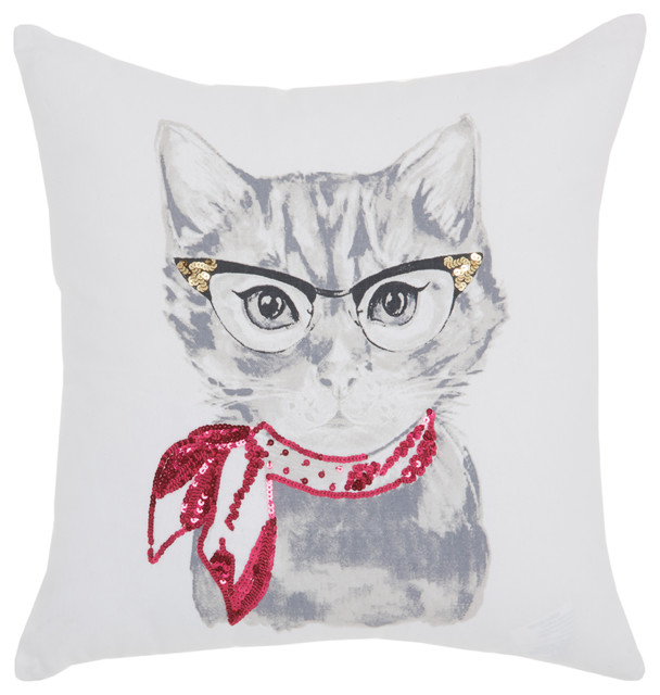 Mina Victory Trendy, Hip, New-Age Classic Kitty White Throw Pillow