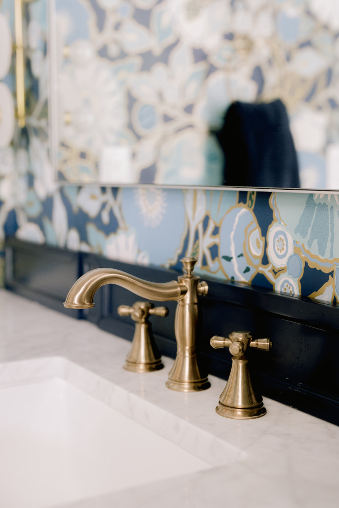 Inspiration for a medium sized classic cloakroom in Orlando with beaded cabinets, blue cabinets, a one-piece toilet, blue walls, mosaic tile flooring, a built-in sink, engineered stone worktops, grey floors, white worktops, a freestanding vanity unit and wallpapered walls.