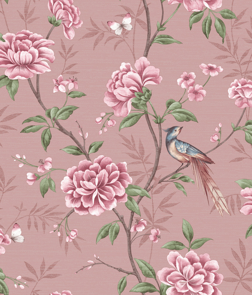 Akina Blush Floral Wallpaper Asian Wallpaper by Brewster Home