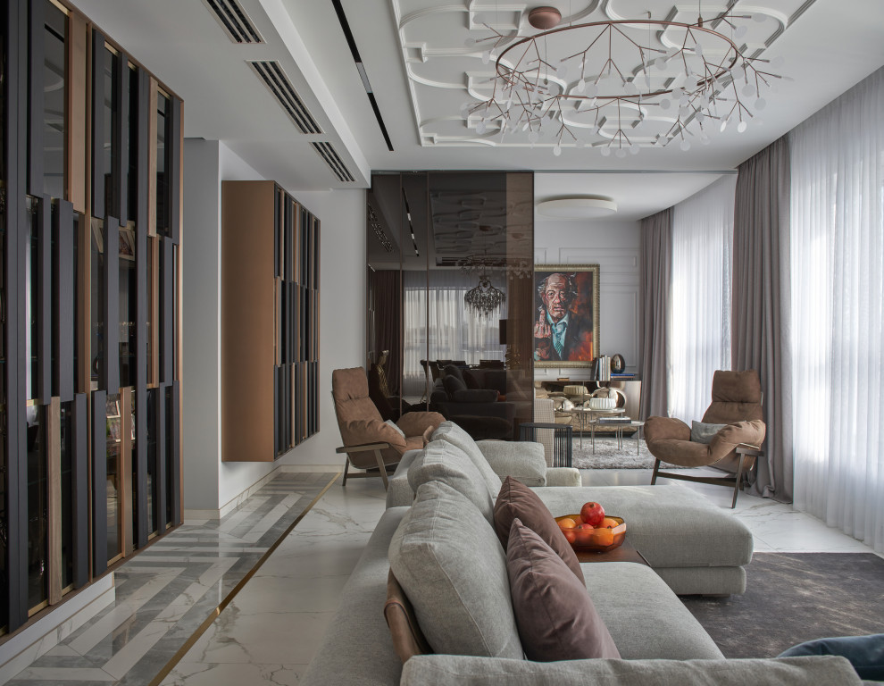 Large contemporary formal living room in Yekaterinburg with grey walls, porcelain floors, no fireplace, a freestanding tv, grey floor, recessed and panelled walls.