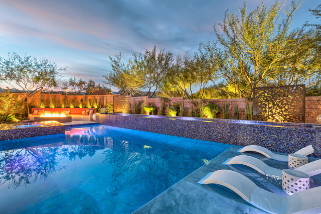 Contemporary Backyard Pool With Tiled Water Feature Rim Flow Spa