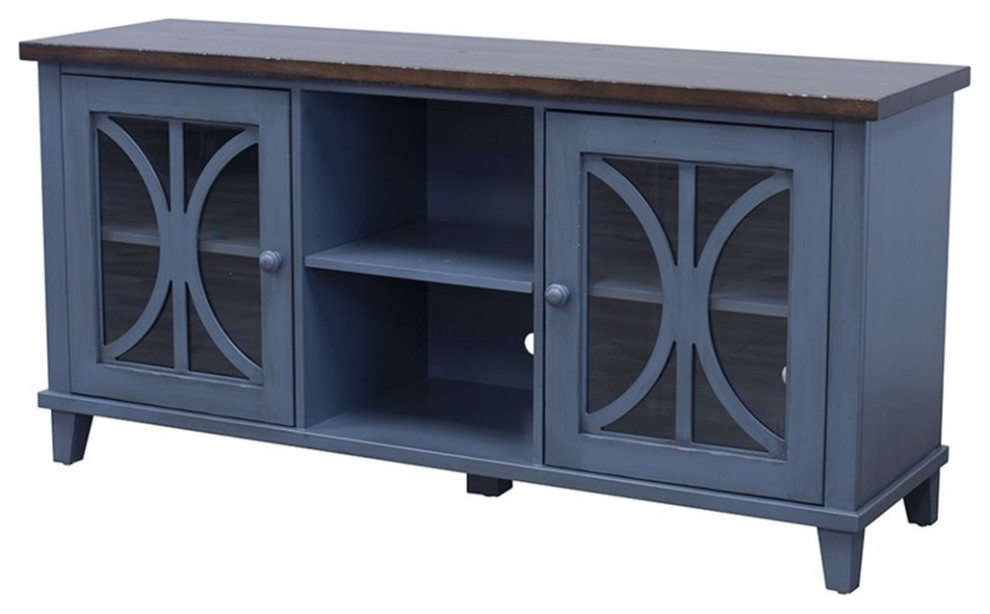 Bowery Hill Modern Glass 60" TV Stand in Blue with 3 Adjustable Shelves