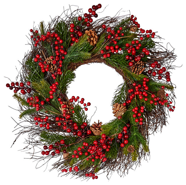 Mixed Pine Berry Cone Wreath, 25"