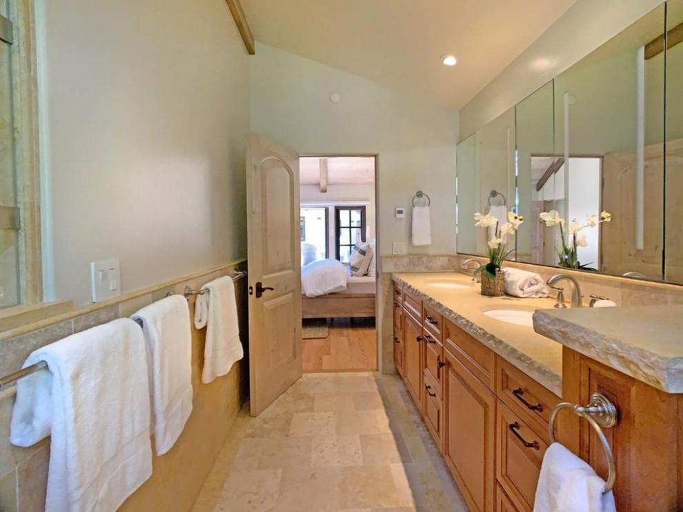Transitional master double-sink bathroom photo with shaker cabinets, an undermount sink and a built-in vanity