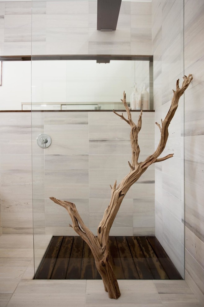 Freestanding bathtub - large rustic master white tile and stone tile dark wood floor and brown floor freestanding bathtub idea in Denver with flat-panel cabinets, medium tone wood cabinets, a wall-mount toilet, white walls, a drop-in sink and white countertops
