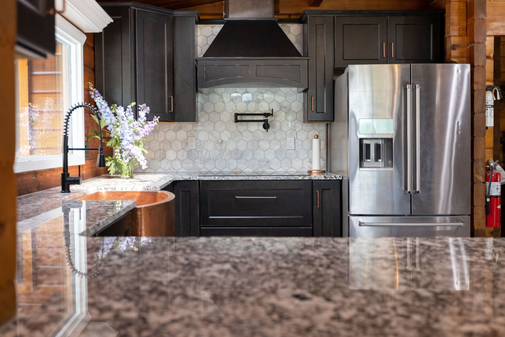 Mid-sized mountain style u-shaped ceramic tile, multicolored floor and vaulted ceiling eat-in kitchen photo with a farmhouse sink, shaker cabinets, distressed cabinets, granite countertops, gray backsplash, mosaic tile backsplash, stainless steel appliances, no island and multicolored countertops