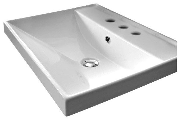 Square White Ceramic Self Rimming or Wall Mounted Bathroom Sink, Three Holes