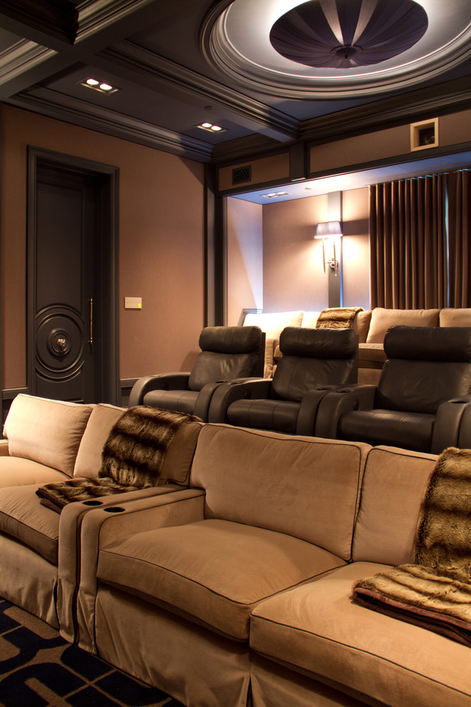 Design ideas for a transitional home theatre in Los Angeles.