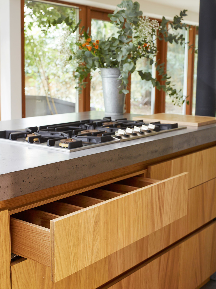 Inspiration for a contemporary kitchen in London with concrete benchtops and concrete floors.
