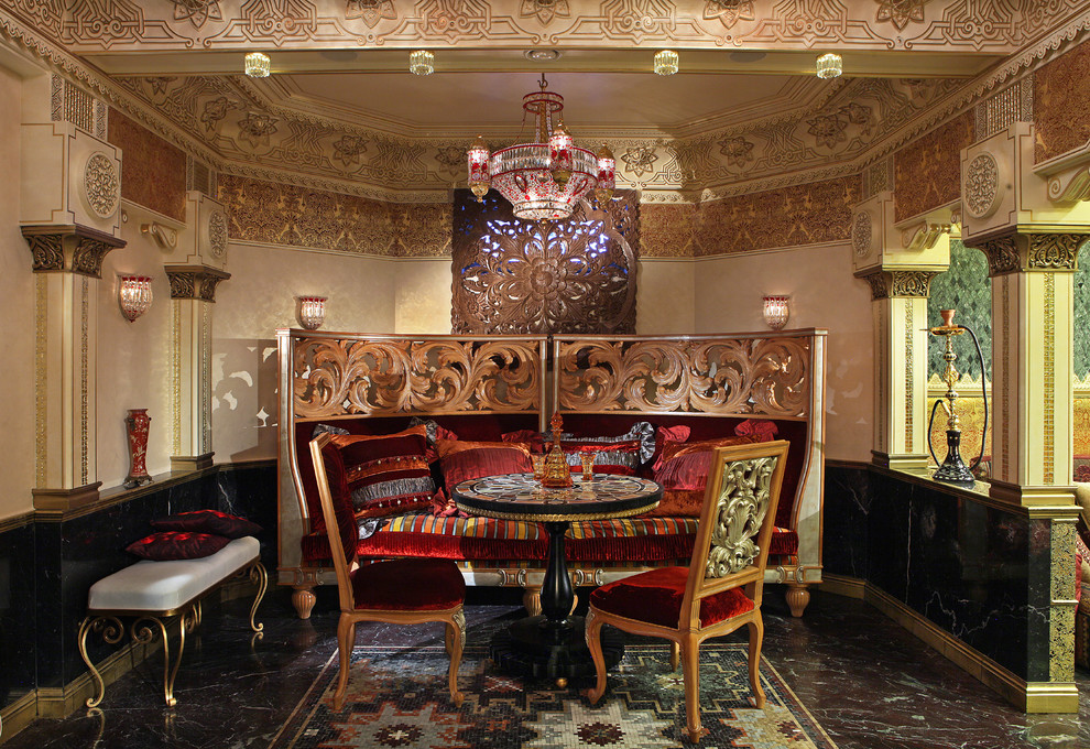 Photo of a large eclectic dining room in Moscow with marble floors, black floor and multi-coloured walls.