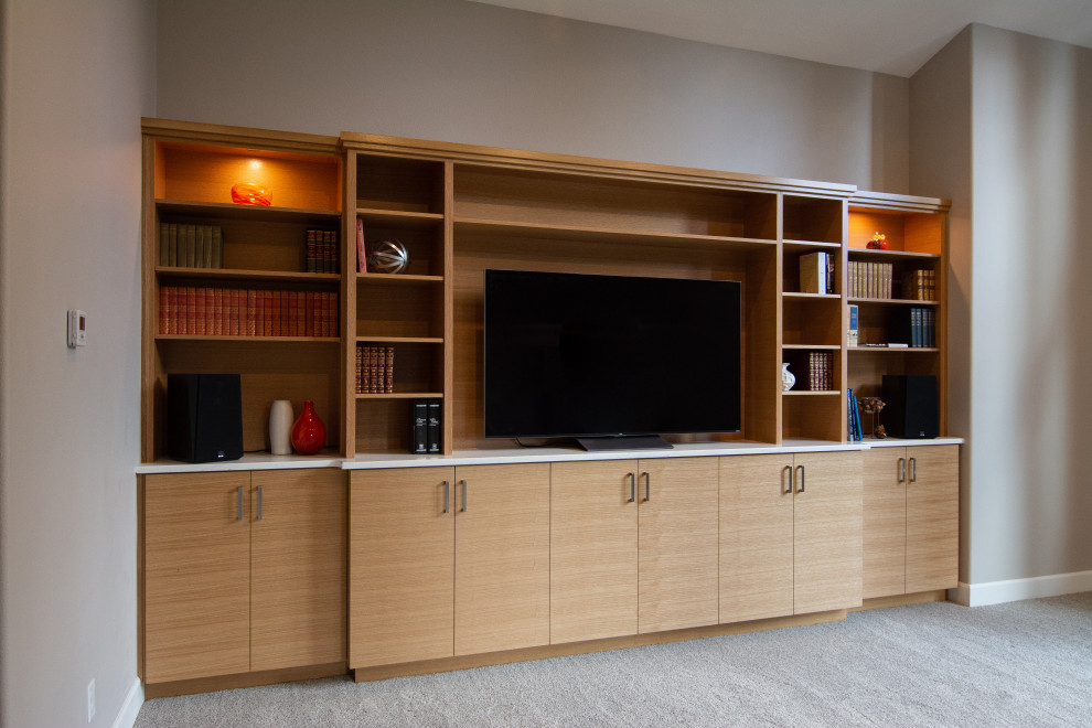 Идея дизайна: гостиная комната среднего размера в современном стиле с с книжными шкафами и полками, серыми стенами, ковровым покрытием, мультимедийным центром и серым полом