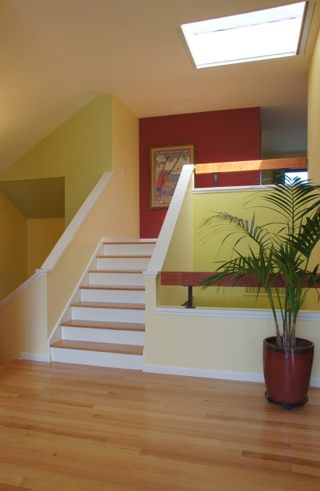 Mid-sized eclectic wood straight staircase in San Francisco with painted wood risers.