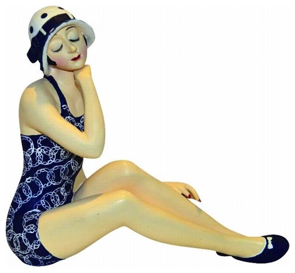 Retro Bathing Beauty Figurine Statue Swim Suit Woman Blue White Chain Beach Style