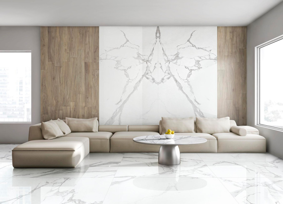 This is an example of a modern family room in Chicago with white walls, porcelain floors and white floor.