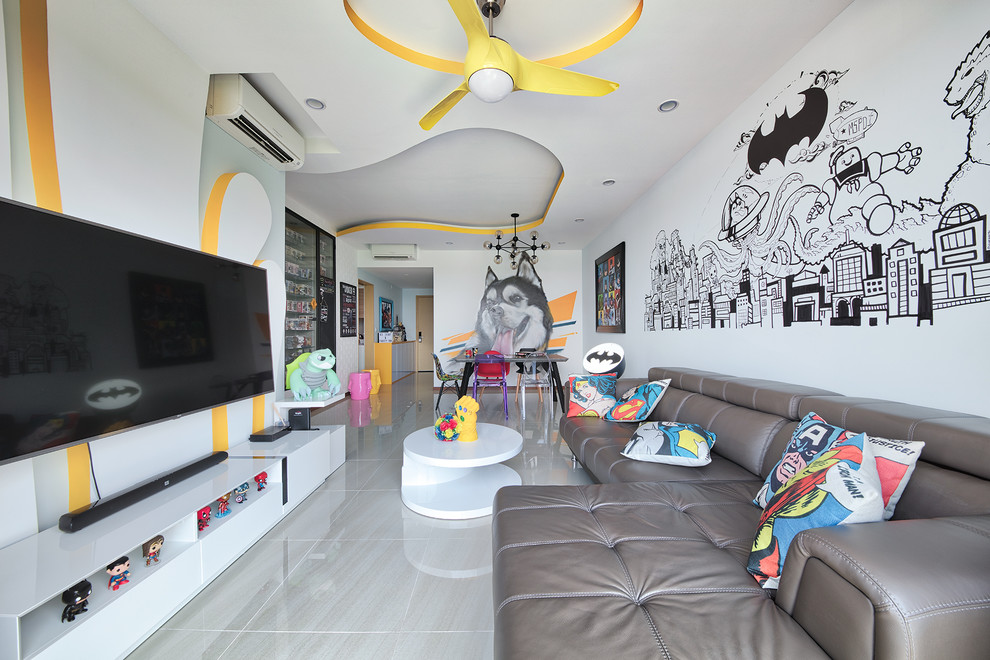 Inspiration for an eclectic gender-neutral kids' playroom for kids 4-10 years old in Singapore with white walls and beige floor.