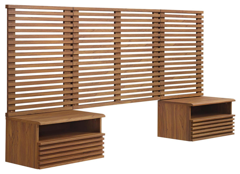Render Wall Mount Twin Headboard and Modern Nightstands, Walnut