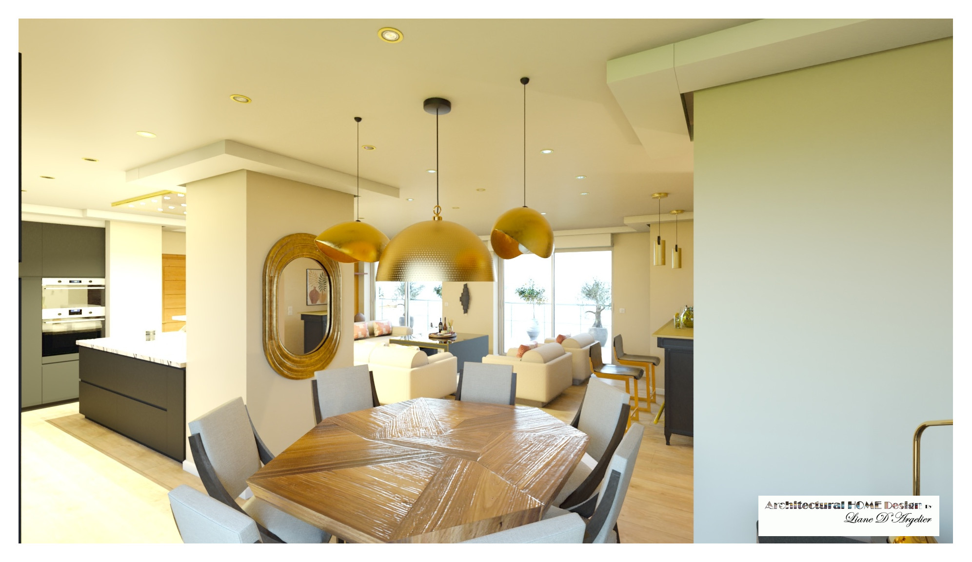 Living 60 m² chic avec cuisine ouverte.