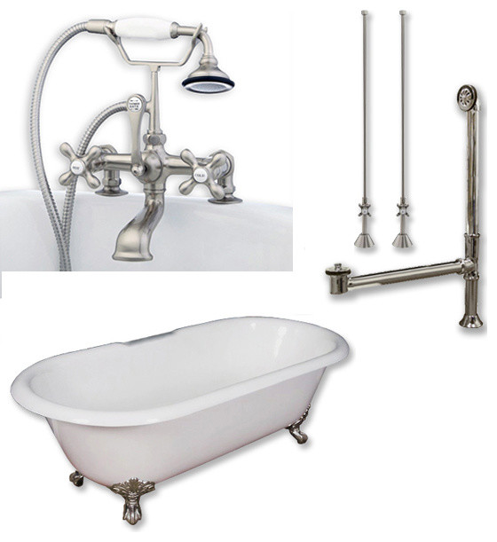 Cast Iron Double Ended Clawfoot Tub, Brushed Nickel Plumbing Package, 67"x30", 22" H x 30" W x