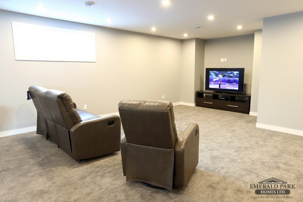 Inspiration for a carpeted and gray floor basement remodel in Other with gray walls