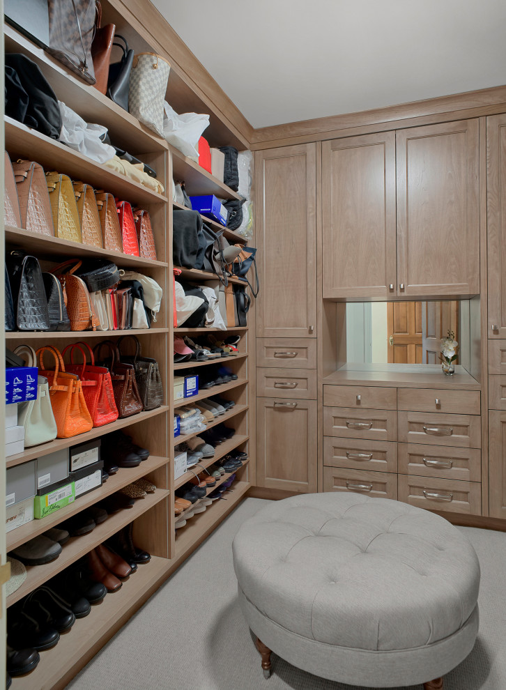 Walk-in closet - large transitional women's carpeted and gray floor walk-in closet idea in Chicago with recessed-panel cabinets and light wood cabinets