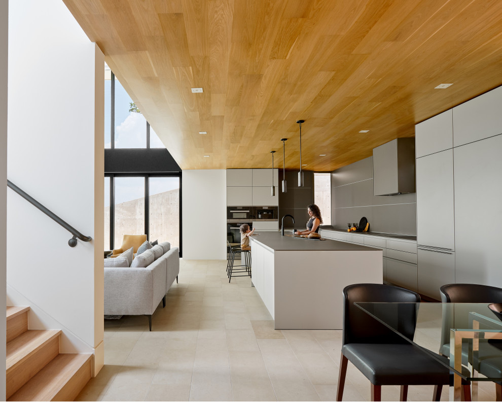Свежая идея для дизайна: большая параллельная кухня-гостиная в современном стиле с плоскими фасадами, серыми фасадами, столешницей из ламината и островом - отличное фото интерьера