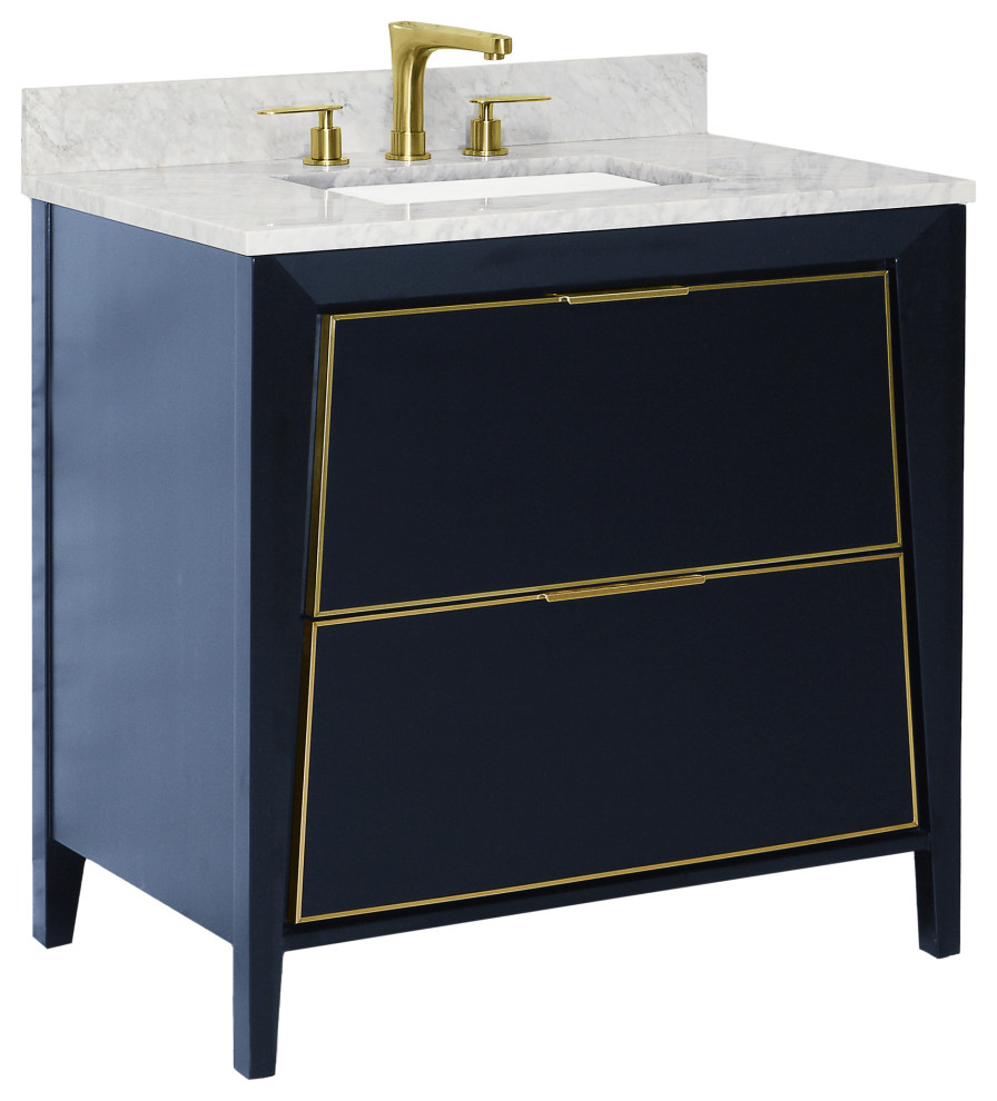Canto 36" Metal Trim Bathroom Vanity and Top, Blue/Satin Brass Trim