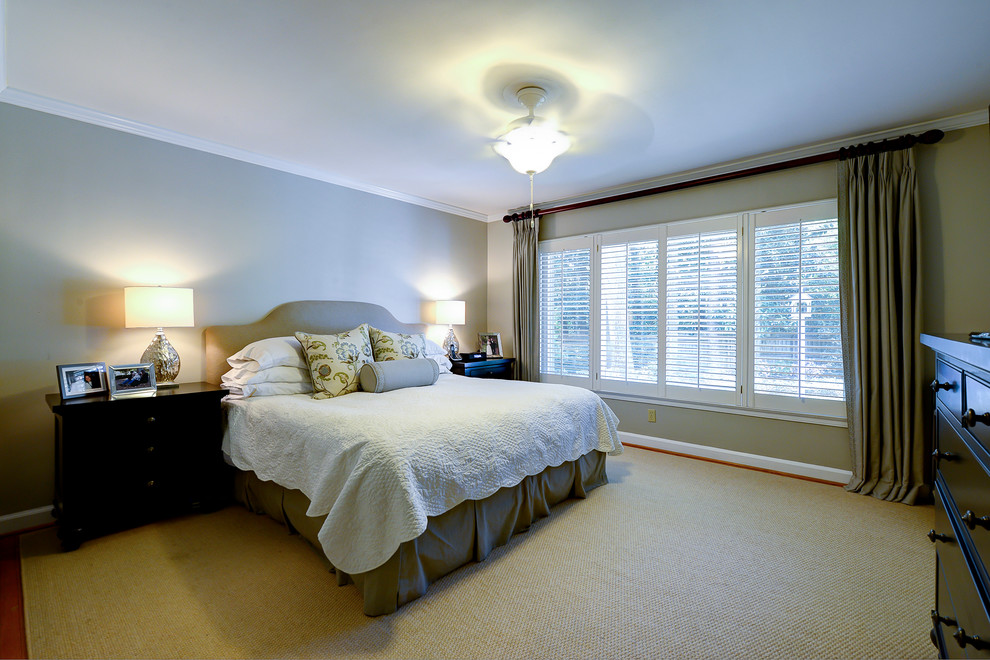Mid-sized transitional master bedroom in Atlanta with carpet, grey walls, no fireplace and beige floor.