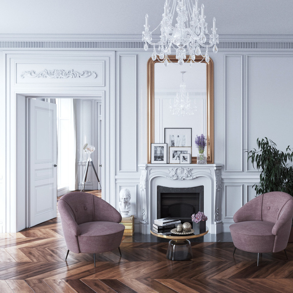 Inspiration for a large traditional formal enclosed living room in New York with dark hardwood floors, a standard fireplace, no tv and white walls.