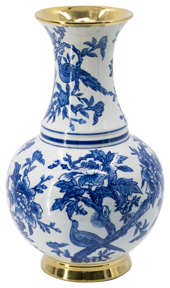 AB Home Transitional Chinoiserie Blue and White Vase With Gold Trim