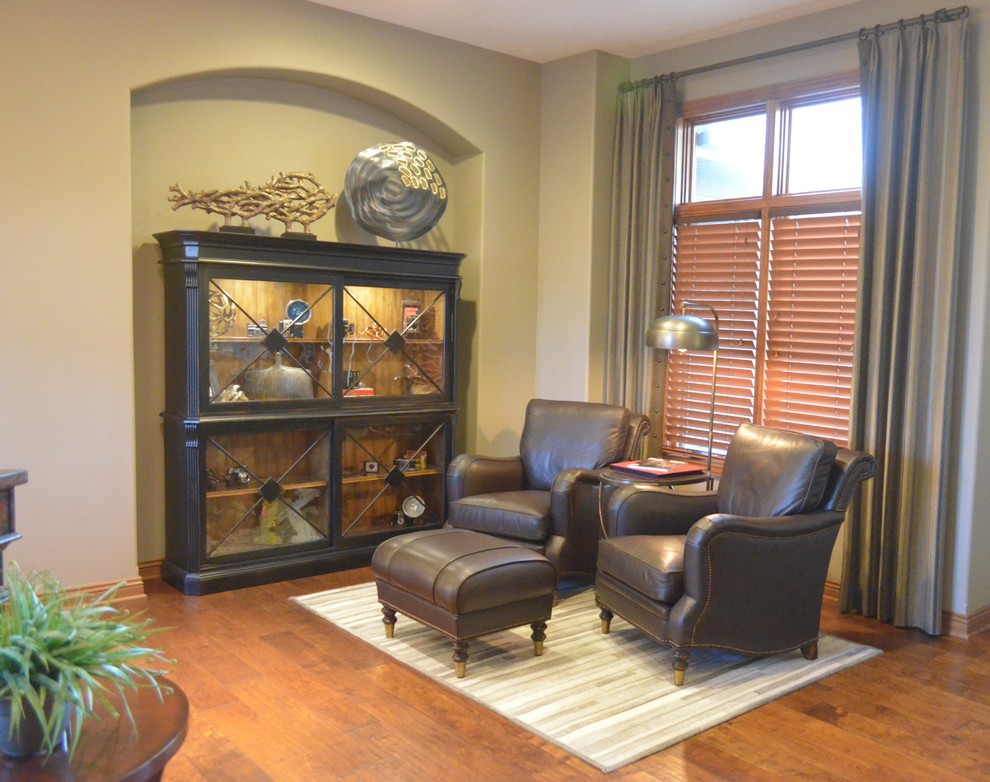 Hallway - small transitional dark wood floor and brown floor hallway idea with beige walls