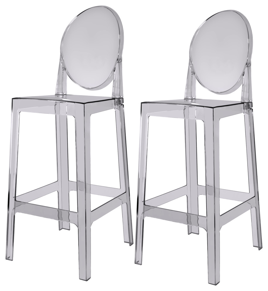 Designer Ghost Style Molded Plastic Bar Height Kitchen Stools For Dining, Smoke, Set of 2