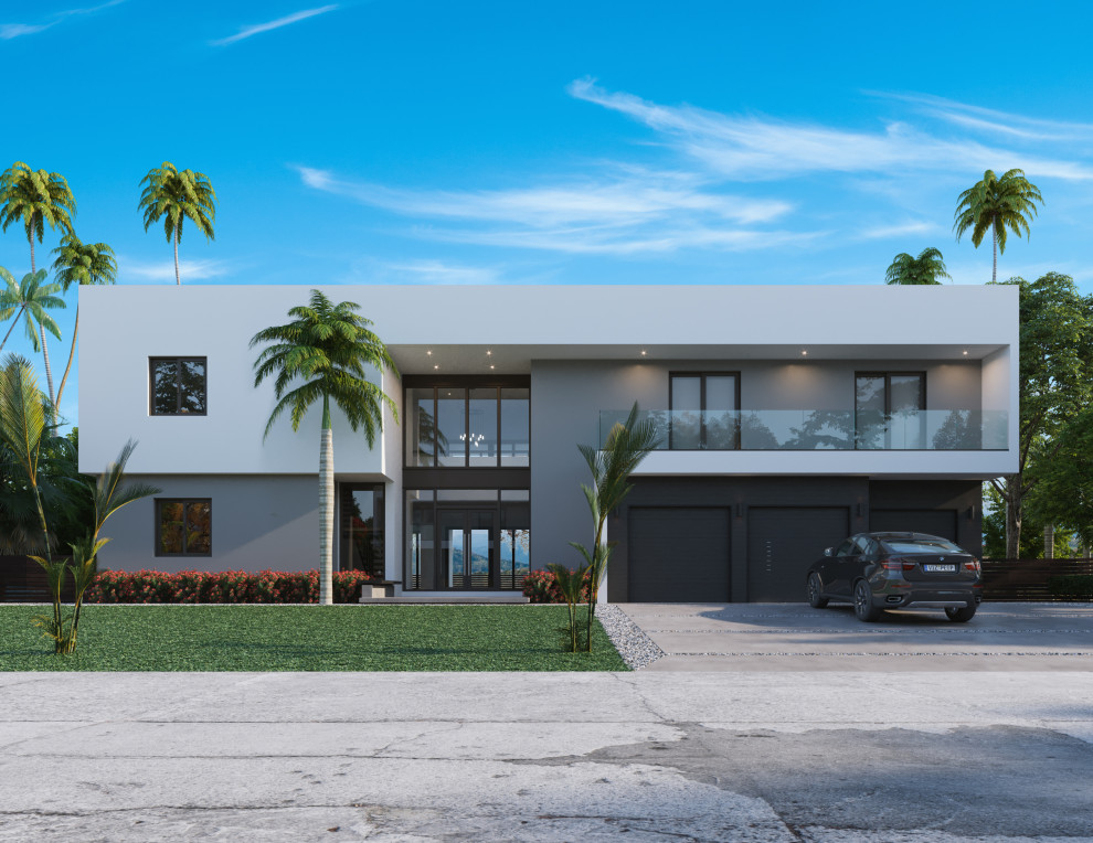 Example of a huge minimalist white two-story stucco exterior home design in Miami with a mixed material roof and a white roof