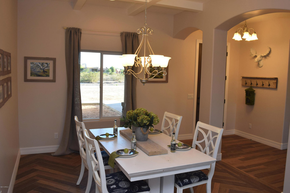 Inspiration for a mid-sized transitional open plan dining in Phoenix with beige walls and porcelain floors.
