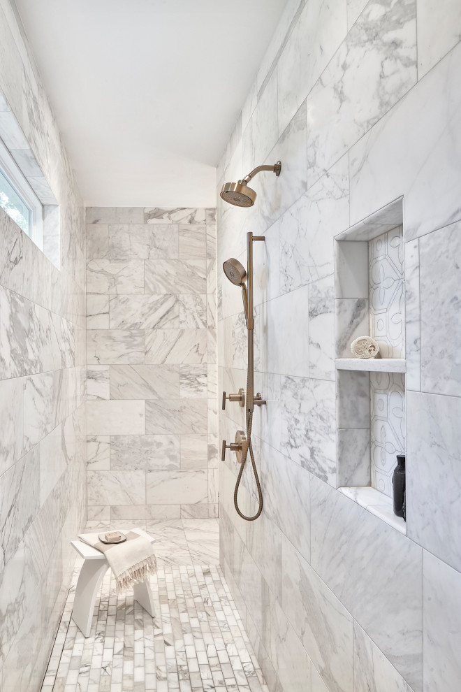 Large trendy master white tile and marble tile marble floor, white floor and double-sink bathroom photo in Charlotte with recessed-panel cabinets, light wood cabinets, a two-piece toilet, white walls, an undermount sink, marble countertops, white countertops, a niche and a freestanding vanity