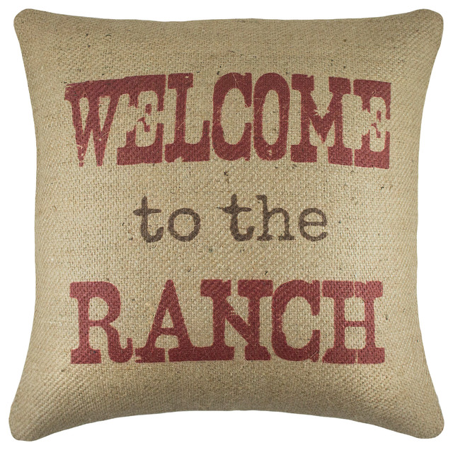"Welcome to the Ranch" Burlap Pillow, Red