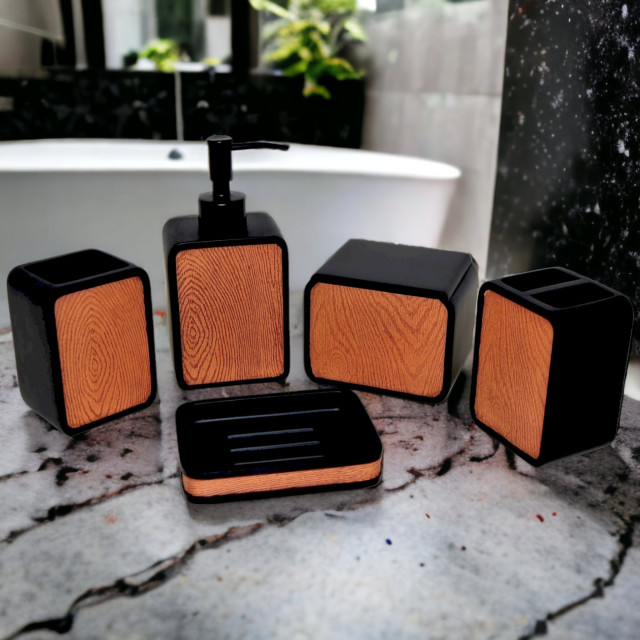 Bathroom Accessory Set | Light Brown Wood Panel Design - Contemporary ...