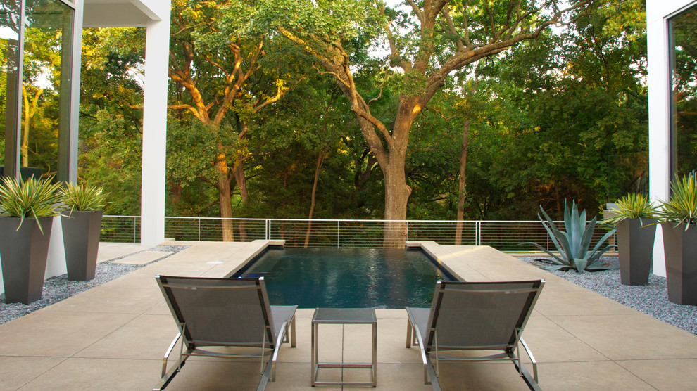 This is an example of a small modern backyard rectangular pool in Dallas with concrete slab.