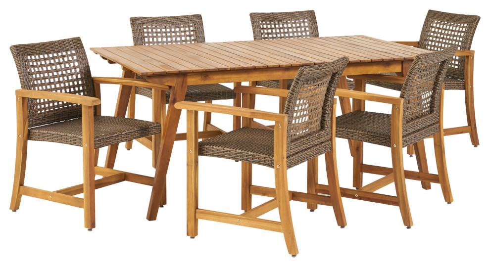 Andy Outdoor 6 Seater Dining Set, Teak Finish/Mixed Mocha Tropical