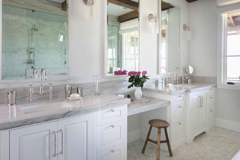 Transitional master bathroom in Orange County with raised-panel cabinets, white cabinets, an alcove shower, white walls, an undermount sink, multi-coloured floor, a hinged shower door, grey benchtops, a double vanity, a built-in vanity, exposed beam and timber.