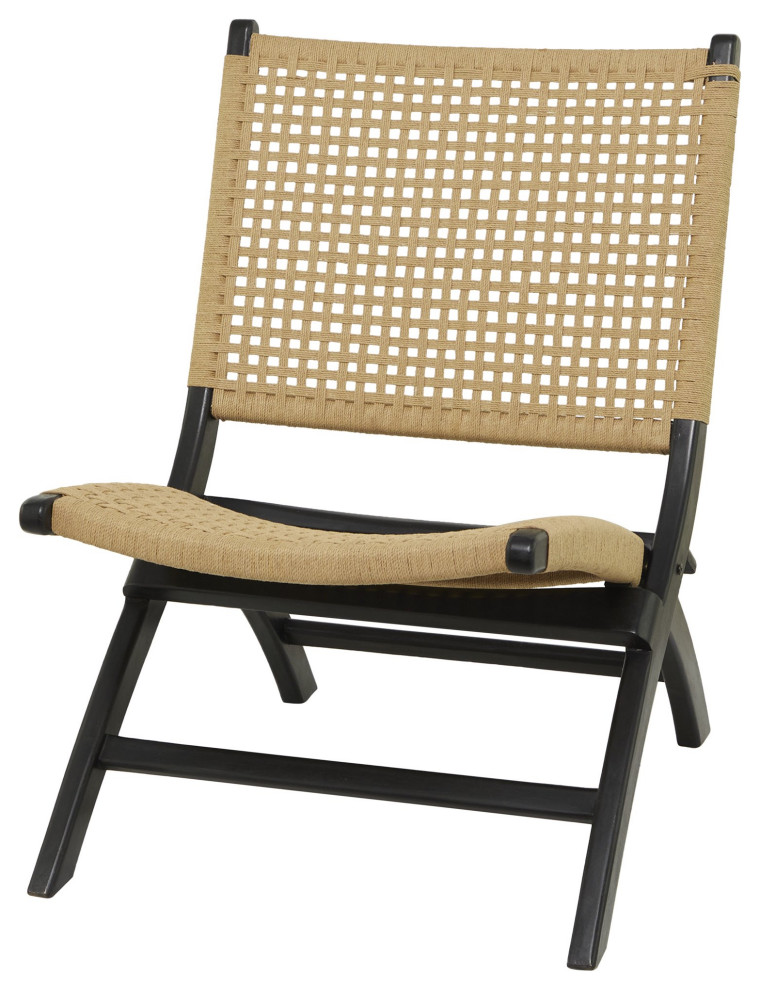 Contemporary Folding Accent Chair, Slanted Wood Frame and Woven Seat