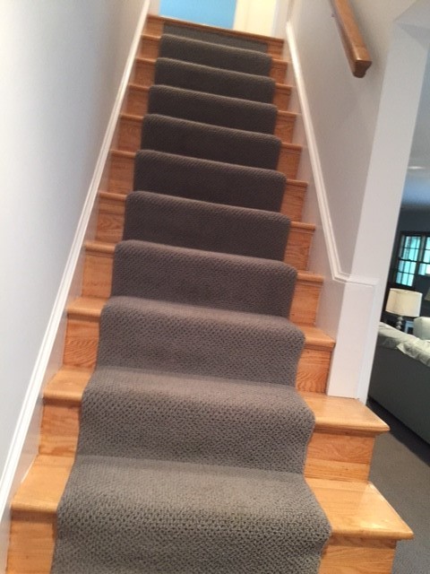 This is an example of a small contemporary carpeted straight staircase in DC Metro with wood risers.