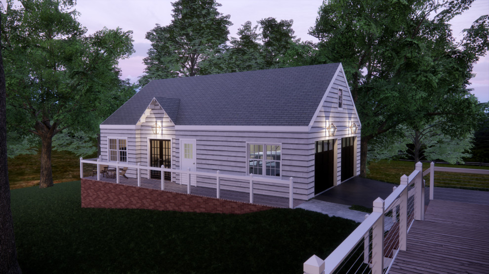Свежая идея для дизайна: маленький, одноэтажный, деревянный, белый мини дом в классическом стиле с двускатной крышей, крышей из гибкой черепицы, серой крышей и отделкой планкеном для на участке и в саду - отличное фото интерьера