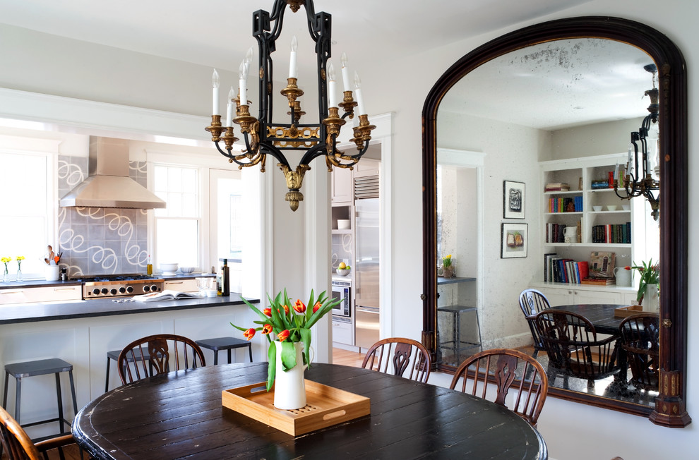 Inspiration for a traditional dining room in DC Metro with white walls.