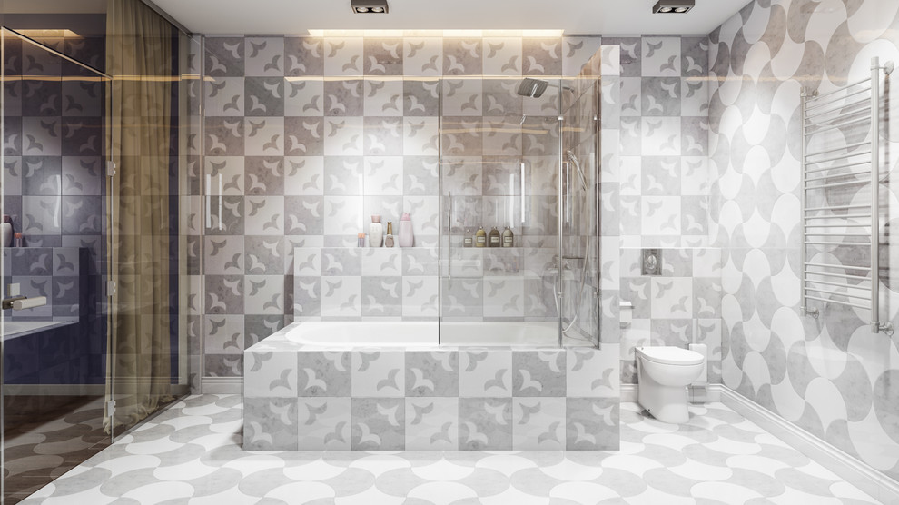 Large modern bathroom in New York with a freestanding tub, a shower/bathtub combo, a one-piece toilet, white tile, marble, white walls, marble floors, white floor and an open shower.