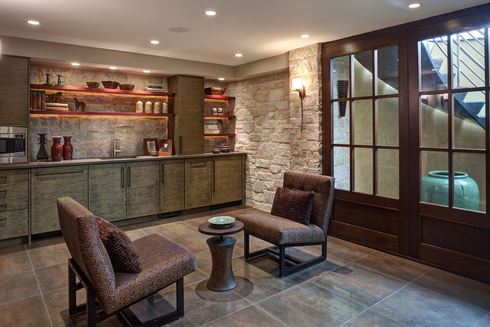 Basement - rustic walk-out ceramic tile basement idea in Chicago